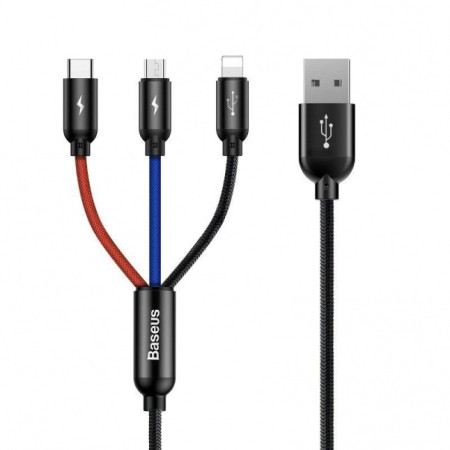 Baseus Three Primary Colors 3in1 USB - micro USB / Lightning / USB-C nylon braided cable 3.5A 1.2M Black