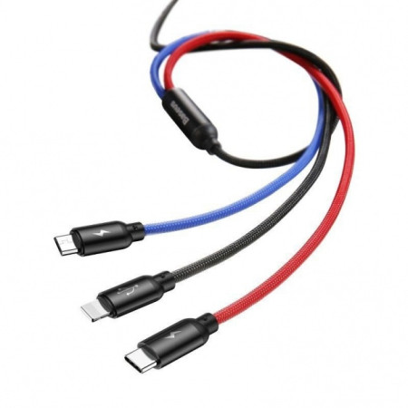 Baseus Three Primary Colors 3in1 USB - micro USB / Lightning / USB-C nylon braided cable 3.5A 1.2M Black