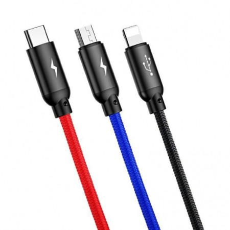 Baseus Three Primary Colors 3in1 USB - micro USB / Lightning / USB-C nylon braided cable 3.5A 1.2M Black