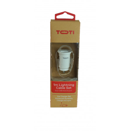 TOTI Dual USB Car Charger with Lightning non-MFI cable 1m 2.1A, White