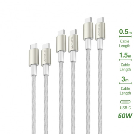 USB-C to USB-C PremiumCord 60W Set of 3 0.5M+1.5M+3M white / silver