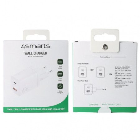 Wall Charger (without cable) PDPlug Duos 25W 1C+1A, white