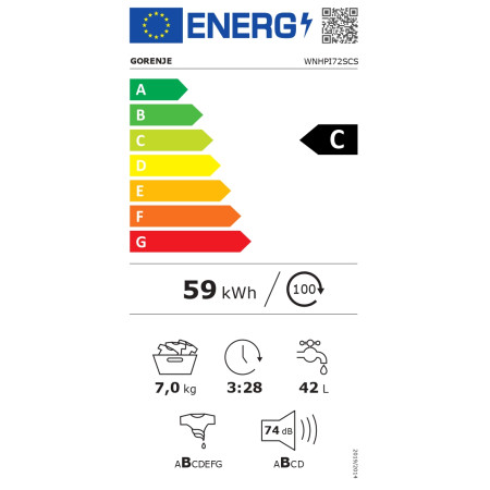 Gorenje Washing Machine | WNHPI72SCS | Energy efficiency class C | Front loading | Washing capacity 7 kg | 1200 RPM | Depth 47 c