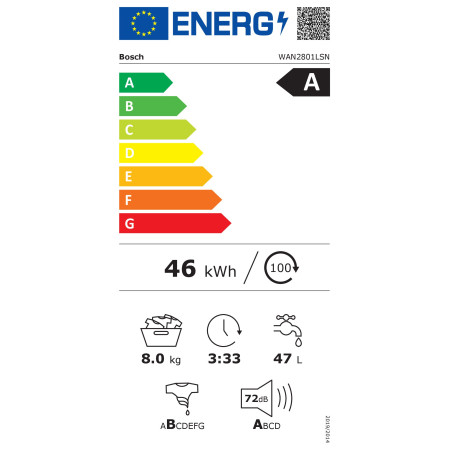 Bosch | Washing Machine | WAN2801LSN | Energy efficiency class A | Front loading | Washing capacity 8 kg | 1400 RPM | Depth 59 c