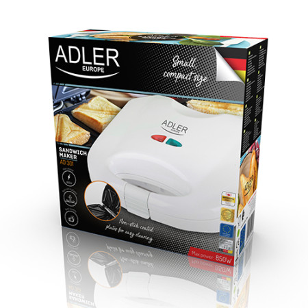 Adler | Sandwich maker | AD 301 | 750 W | Number of plates 1 | Number of pastry 2 | White