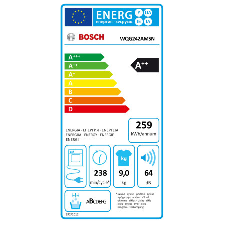 Bosch | Dryer Machine | WQG242AMSN Series 6 | Energy efficiency class A++ | Front loading | 9 kg | Sensitive dry | LED | Depth 6