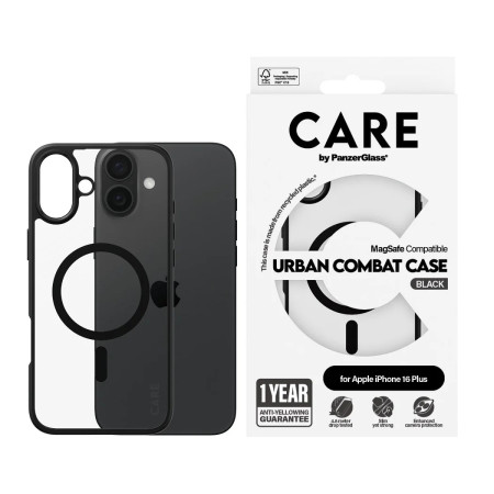 CARE by PanzerGlass Case Flagship Urban Combat | Back protection | Apple | iPhone 16 Plus | Recycled plastic | Transparent/Black