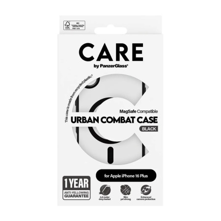 CARE by PanzerGlass Case Flagship Urban Combat | Back protection | Apple | iPhone 16 Plus | Recycled plastic | Transparent/Black