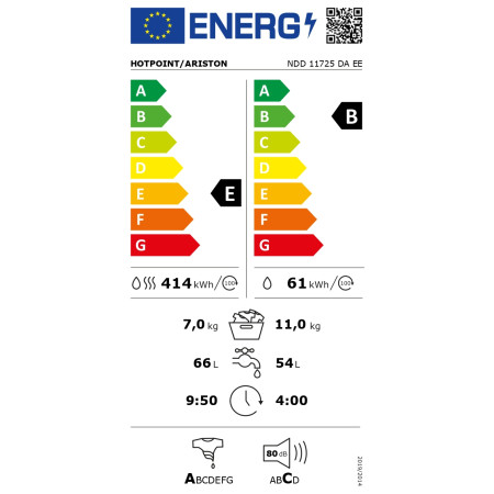 Hotpoint | Washing Machine With Dryer | NDD 11725 DA EE | Energy efficiency class E | Front loading | Washing capacity 11 kg | 1