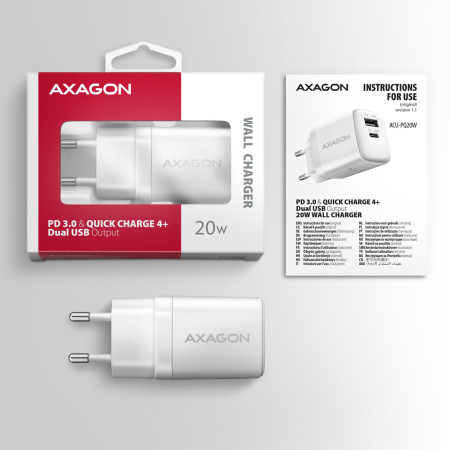 AXAGON Wallcharger 2x port (USB-A + USB-C), 20W | ACU-PQ20W