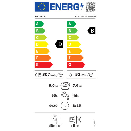 INDESIT | Washing machine with Dryer | BDE 76435 WSV EE | Energy efficiency class B/D | Front loading | Washing capacity 7 kg | 